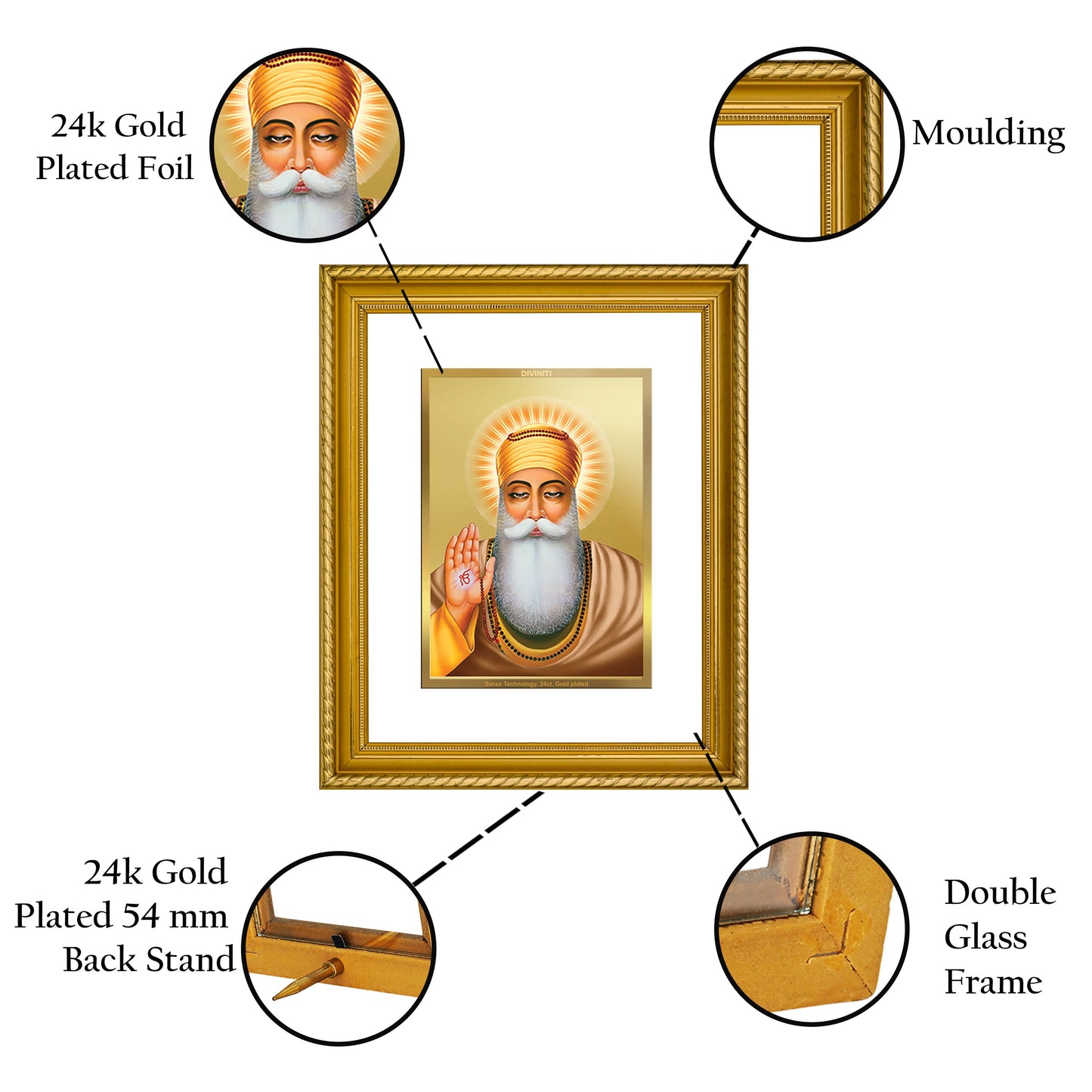 DIVINITI Guru Nanak Gold Plated Wall Photo Frame, Table Decor| DG Frame 056 Size 2.5 and 24K Gold Plated Foil (28 CM X 23 CM)