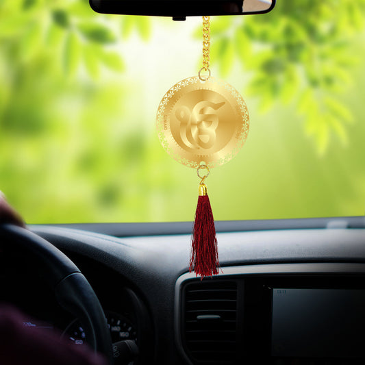 Diviniti 24K Gold Plated Double Sided Khanda Sahib & Ek Omkar Car Dangler| 6 CM Khanda Sahib Hanging Car Decor| Luxurious Dangler For Car| Divine Car Accessories For Positive Energy & Protection