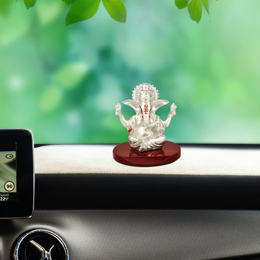 DIVINITI 999 Silver Plated Four Hands Lord Ganesha Idol For Car Dashboard, Home Decor, Table (6 X 6 CM)