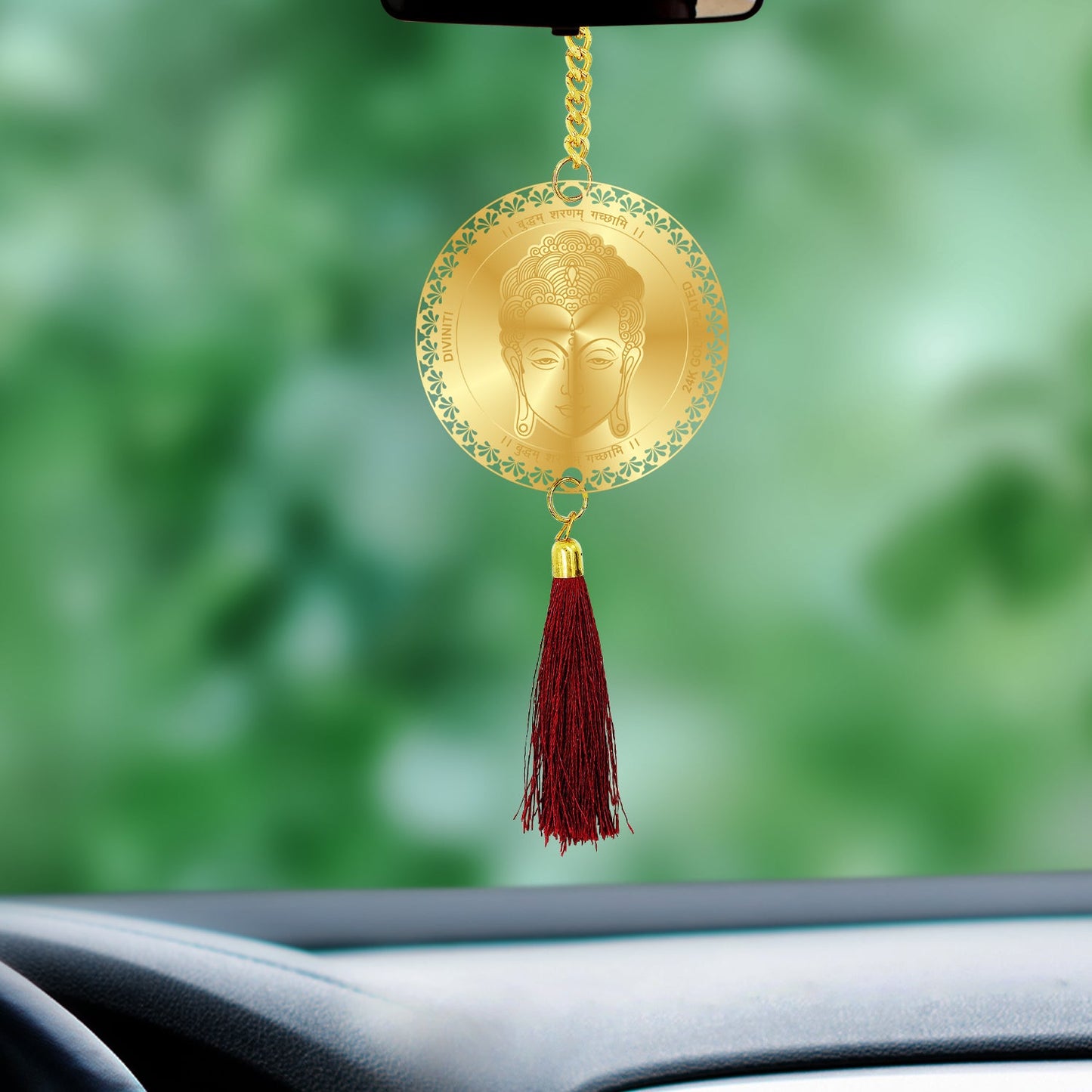 Diviniti 24K Gold Plated Double Sided Buddha & Mantra Car Dangler| 6 CM Buddha Hanging Car Decor| Luxurious 24K Gold Plated Dangler For Car| Divine Car Accessories For Positive Energy & Protection