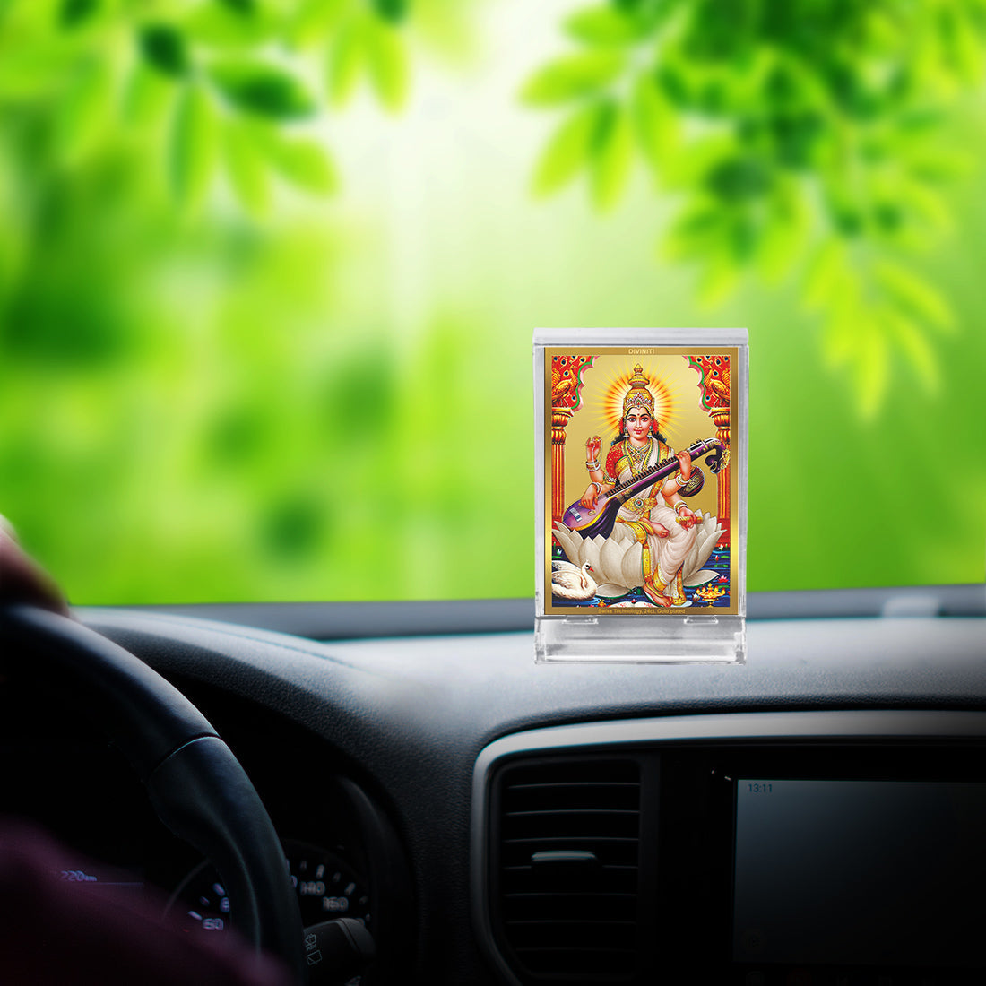 Diviniti 24K Gold Plated Saraswati Mata Frame For Car Dashboard, Home Decor Showpiece, Puja Room (11 x 6.8 CM)