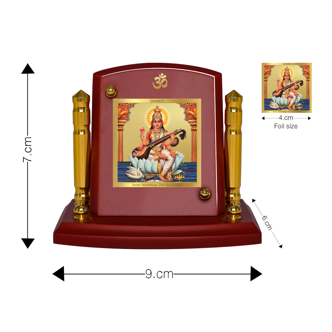 Diviniti 24K Gold Plated Saraswati Mata Frame For Car Dashboard, Home Decor, Table, Puja (7 x 9 CM)