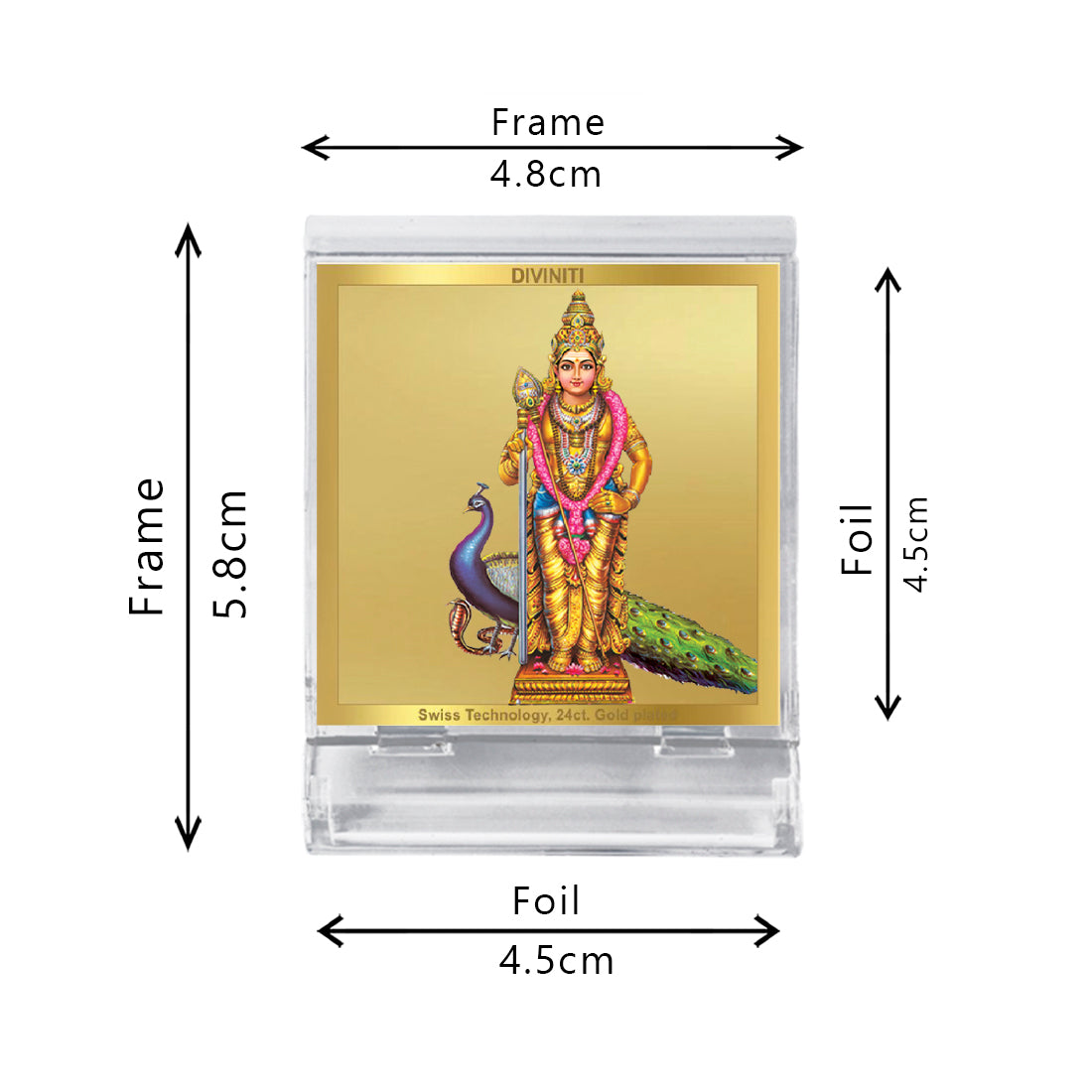 Diviniti 24K Gold Plated Murugan Frame For Car Dashboard, Home Decor, Worship, Gift (5.8 x 4.8 CM)