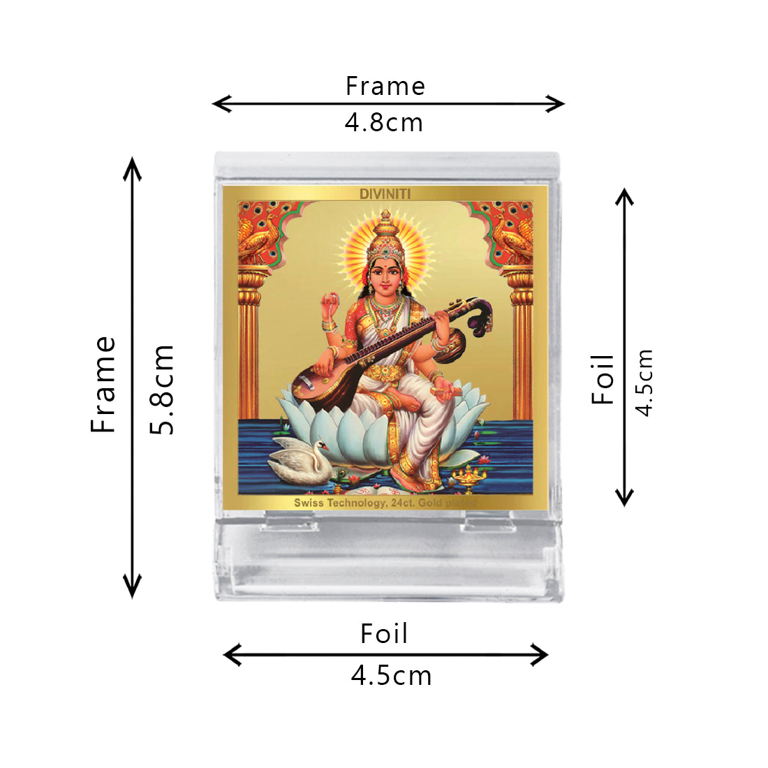 Diviniti 24K Gold Plated Saraswati Mata Frame For Car Dashboard, Home Decor, Gift, Puja (5.8 x 4.8 CM)