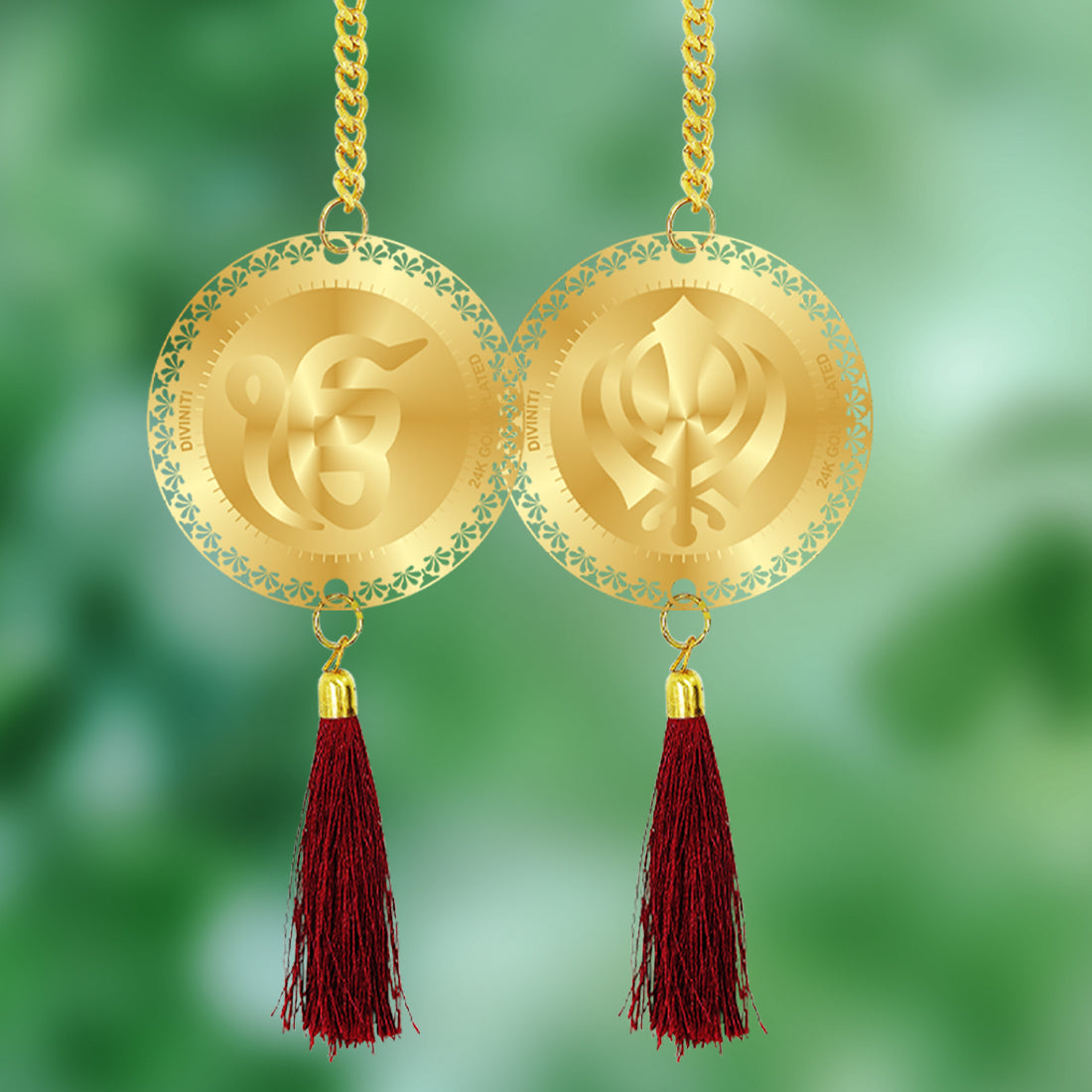 Diviniti 24K Gold Plated Double Sided Khanda Sahib & Ek Omkar Car Dangler| 6 CM Khanda Sahib Hanging Car Decor| Luxurious Dangler For Car| Divine Car Accessories For Positive Energy & Protection