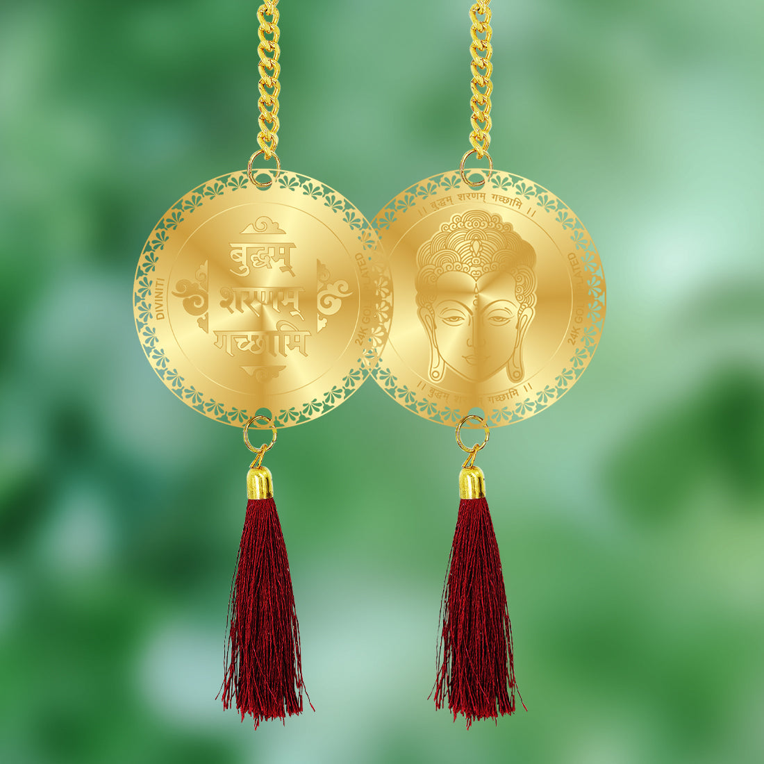 Diviniti 24K Gold Plated Double Sided Buddha & Mantra Car Dangler| 6 CM Buddha Hanging Car Decor| Luxurious 24K Gold Plated Dangler For Car| Divine Car Accessories For Positive Energy & Protection