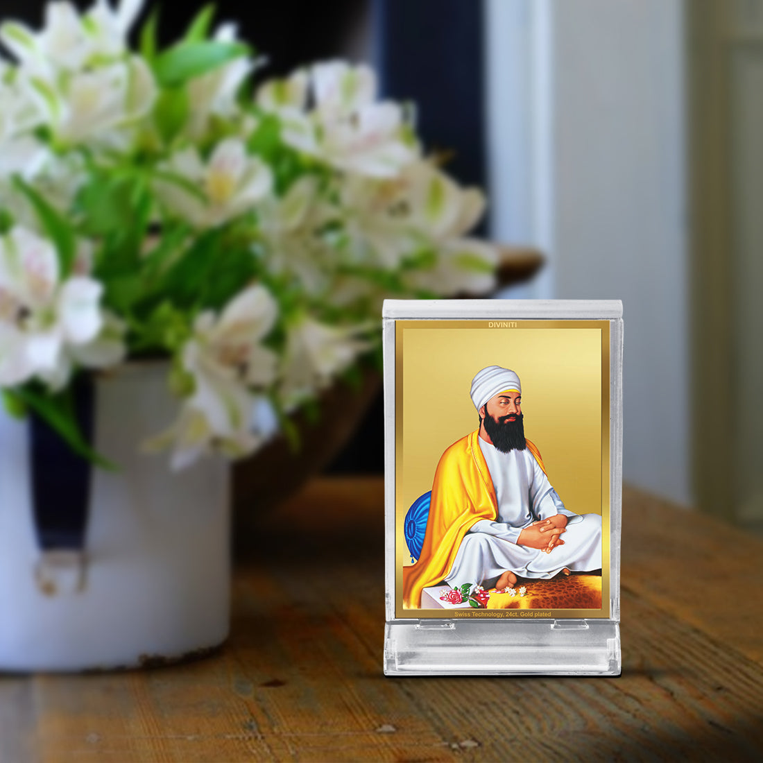 Diviniti 24K Gold Plated Guru Tegh Bahadur Ji Frame For Car Dashboard, Home Decor, Table Top, Gift (11 x 6.8 CM)