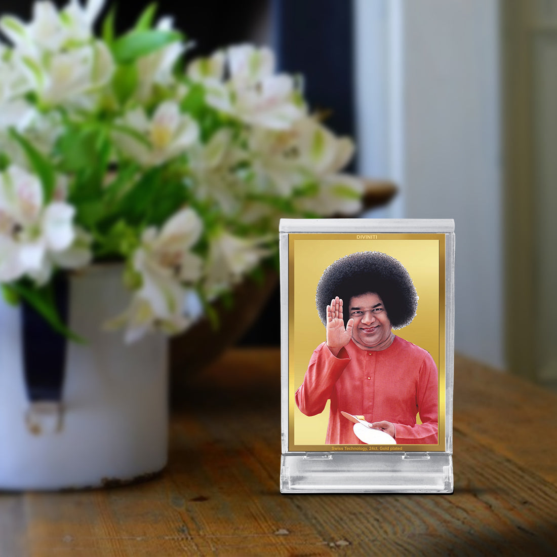 Diviniti 24K Gold Plated Sathya Sai Baba Frame For Car Dashboard, Home Decor, Gift (11 x 6.8 CM)