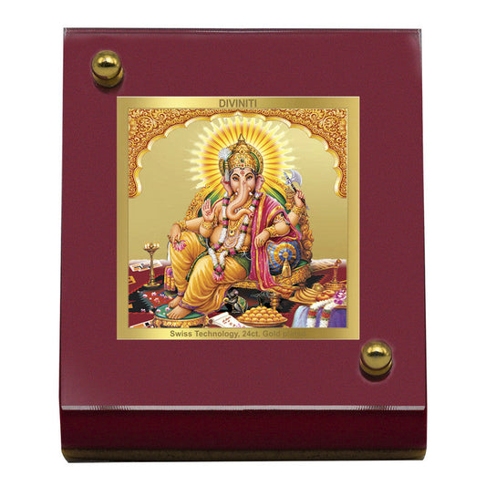 Diviniti 24K Gold Plated Ganesha Frame For Car Dashboard, Home Decor, Puja, Festival Gift (5.5 x 6.5 CM)