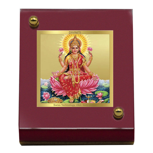 Diviniti 24K Gold Plated Dhan Lakshmi Mata Frame For Car Dashboard, Home Decor, Worship (5.5 x 6.5 CM)