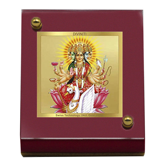 Diviniti 24K Gold Plated Gayatri Mata Frame For Car Dashboard, Home Decor & Puja Room (5.5 x 6.5 CM)