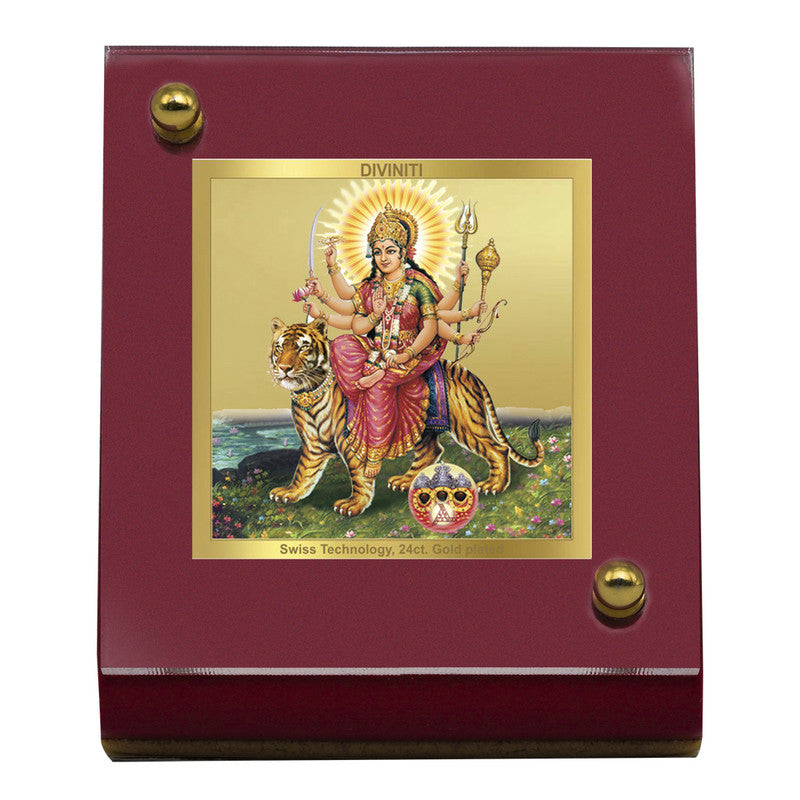 Diviniti 24K Gold Plated Durga Mata Frame For Car Dashboard, Home Decor, Puja, Festival Gift (5.5 x 6.5 CM)