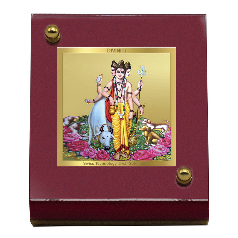 Diviniti 24K Gold Plated Dattatreya Frame For Car Dashboard, Home Decor, Prayer, Gift (5.5 x 6.5 CM)