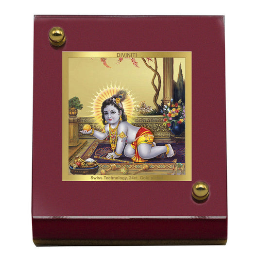 Diviniti 24K Gold Plated Laddu Gopal Frame For Car Dashboard, Home Decor, Table Top (5.5 x 6.5 CM)