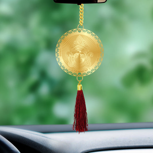 Diviniti 24K Gold Plated Double Sided Goddess Durga & Yantra Car Dangler| 6 CM Durga Mata Hanging Car Decor| Luxurious 24K Gold Plated Dangler For Car| Divine Car Accessories For Positive Energy