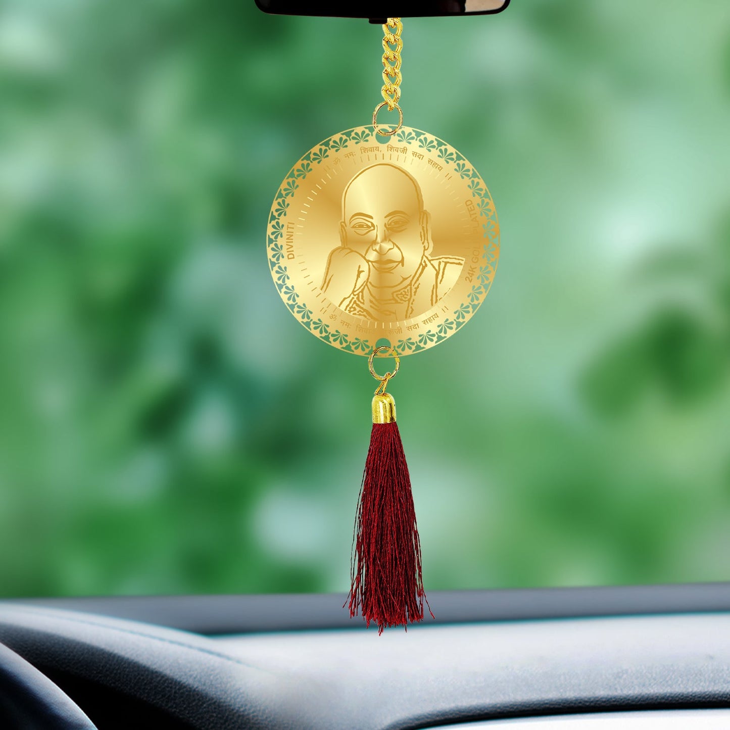 Diviniti 24K Gold Plated Double Sided GuruJi & Blessings Car Dangler| 6 CM GuruJi Hanging Car Decor| Luxurious 24K Gold Plated Dangler For Car| Divine Car Accessories For Positive Energy & Protection