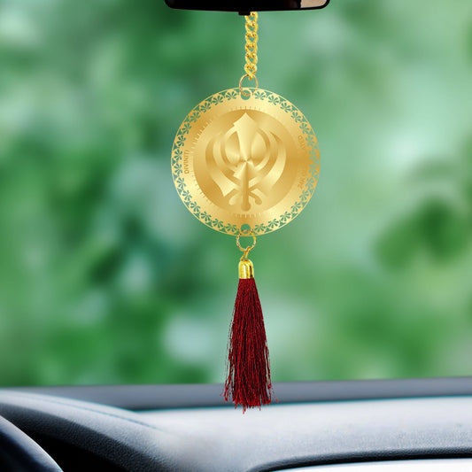 Diviniti 24K Gold Plated Double Sided Khanda Sahib & Ek Omkar Car Dangler| 6 CM Khanda Sahib Hanging Car Decor| Luxurious Dangler For Car| Divine Car Accessories For Positive Energy & Protection