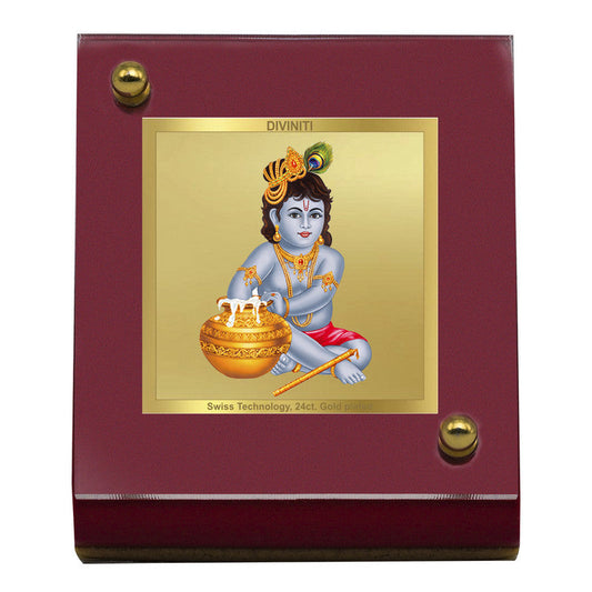 Diviniti 24K Gold Plated Bal Gopal Frame For Car Dashboard, Home Decor, Table Top, Gift (5.5 x 6.5 CM)