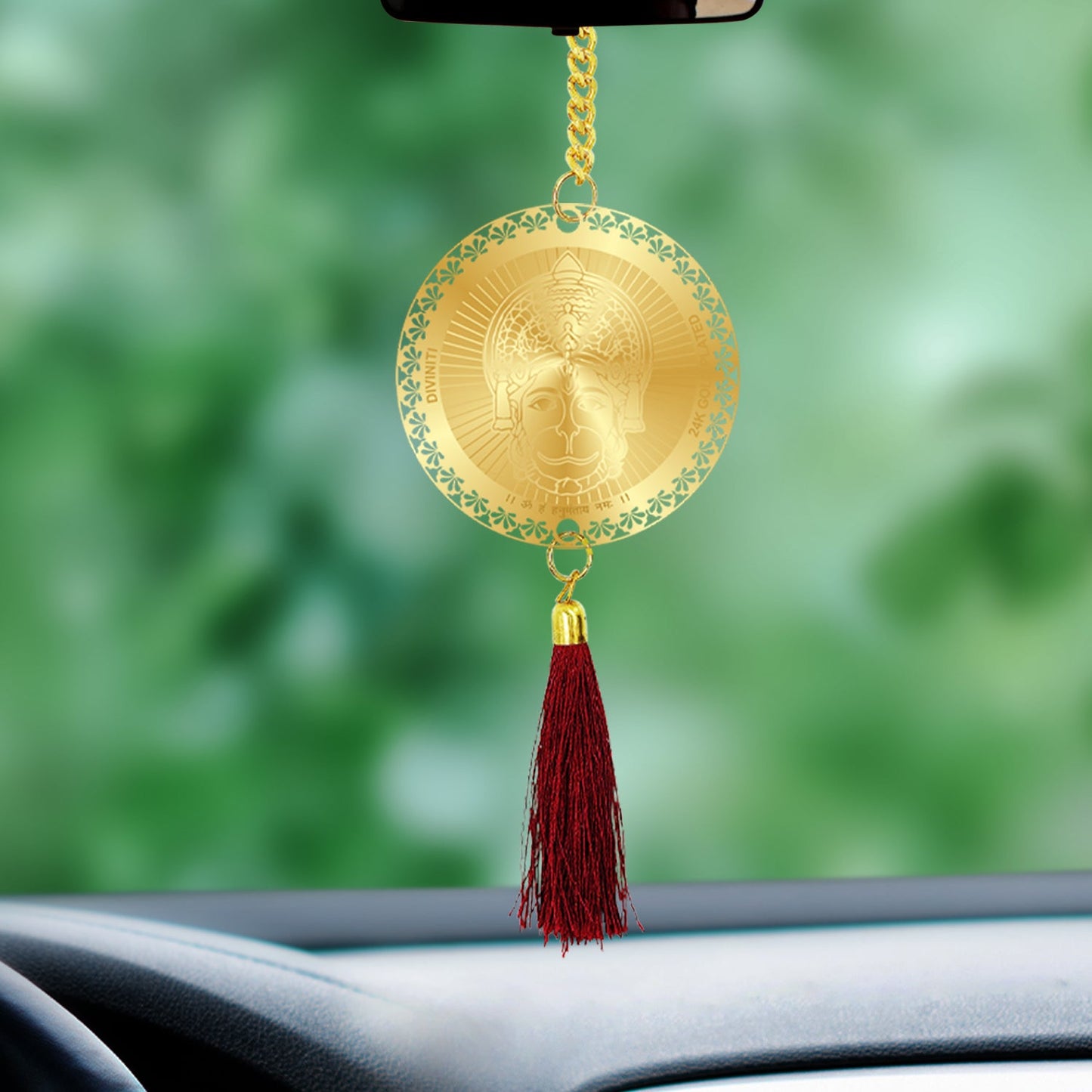 Diviniti 24K Gold Plated Double Sided Hanuman Ji & Mantra Car Dangler| 6CM Hanuman Hanging Car Decor| Luxurious 24K Gold Plated Dangler For Car| Divine Car Accessories For Positive Energy & Protection