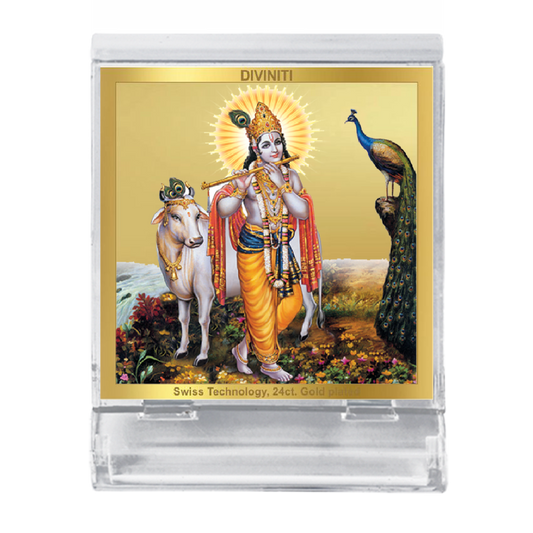 Diviniti 24K Gold Plated Krishna Frame For Car Dashboard, Home Decor, Puja, Gift (5.8 x 4.8 CM)