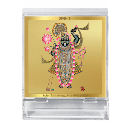 Diviniti 24K Gold Plated Shrinathji Frame For Car Dashboard, Home Decor, Table Top, Puja (5.8 x 4.8 CM)