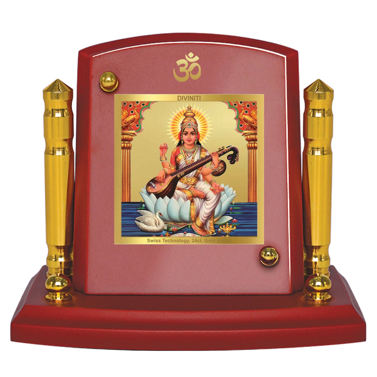 Diviniti 24K Gold Plated Saraswati Mata Frame For Car Dashboard, Home Decor, Table, Puja (7 x 9 CM)