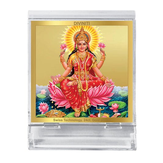 Diviniti 24K Gold Plated Lakshmi Ji Frame For Car Dashboard, Home Decor, Puja Room, Gift (5.8 x 4.8 CM)