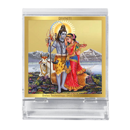 Diviniti 24K Gold Plated Shiv Parvati Frame For Car Dashboard, Home Decor, Puja, Gift (5.8 x 4.8 CM)