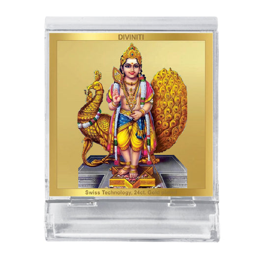 Diviniti 24K Gold Plated Karthikey Frame For Car Dashboard, Home Decor, Puja, Gift (5.8 x 4.8 CM)