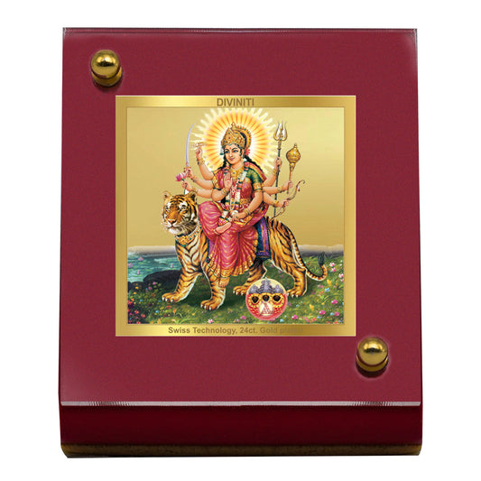 Diviniti 24K Gold Plated Durga Mata Frame For Car Dashboard, Home Decor, Puja, Festival Gift (5.5 x 6.5 CM)