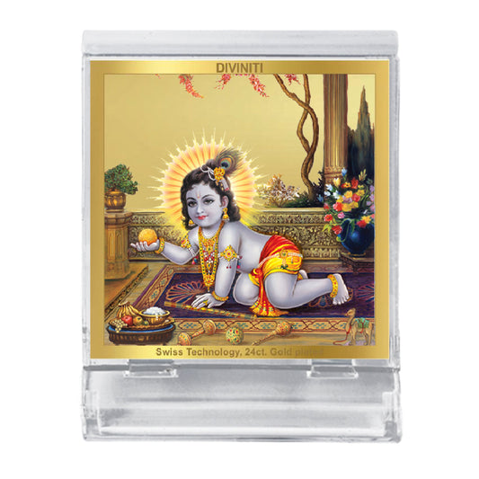 Diviniti 24K Gold Plated Laddu Gopal Frame For Car Dashboard, Home Decor, Housewarming Gift (5.8 x 4.8 CM)