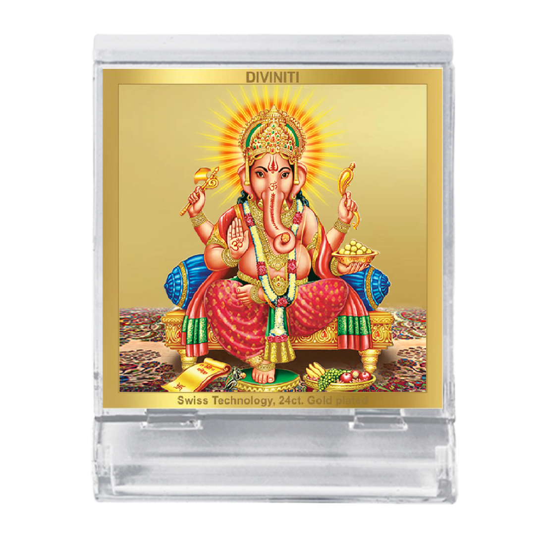 Diviniti 24K Gold Plated Ganesha Frame For Car Dashboard, Home Decor, Table Top, Puja, Festival Gift (5.8 x 4.8 CM)