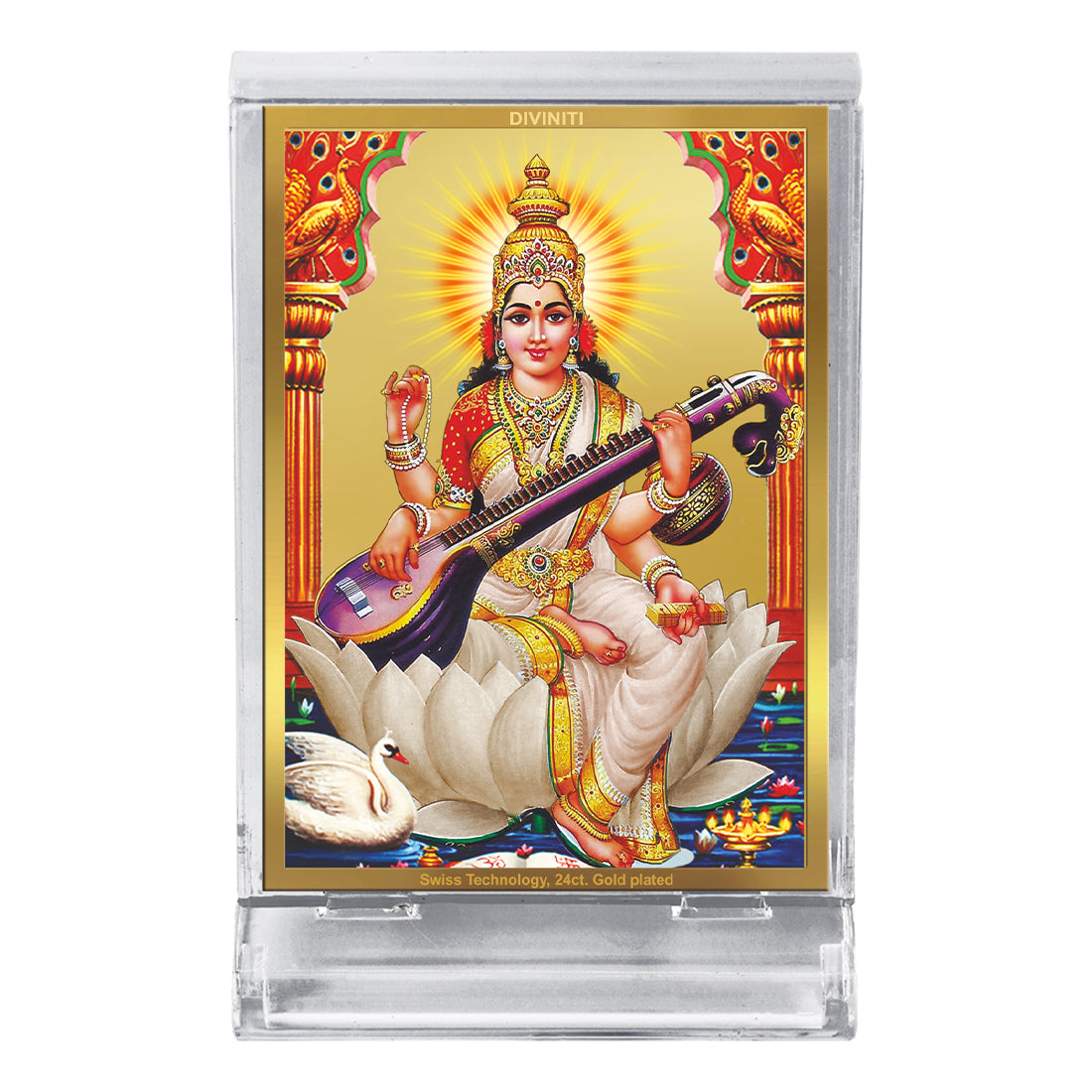 Diviniti 24K Gold Plated Saraswati Mata Frame For Car Dashboard, Home Decor Showpiece, Puja Room (11 x 6.8 CM)