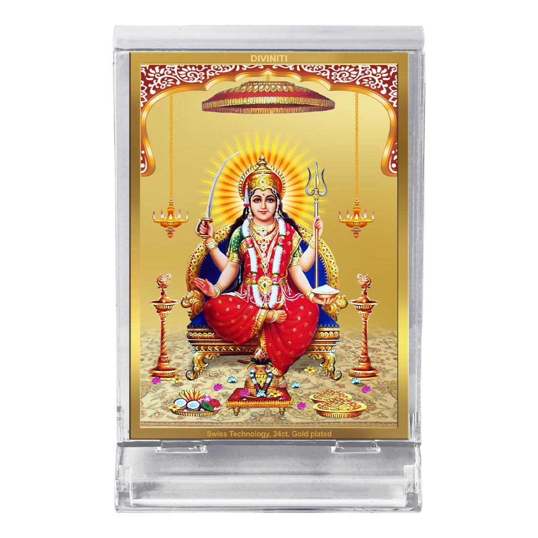 Diviniti 24K Gold Plated Santoshi Mata Frame For Car Dashboard, Home Decor, Puja Room, Worship (11 x 6.8 CM)