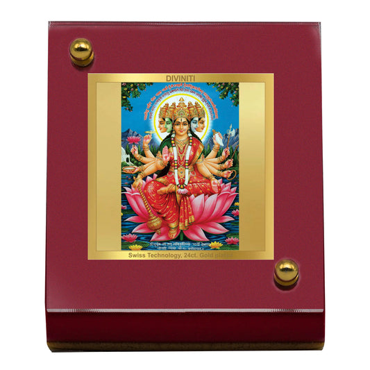 Diviniti 24K Gold Plated Gayatri Mata Frame For Car Dashboard, Home Decor, Table Top, Puja, Gift (5.5 x 6.5 CM)