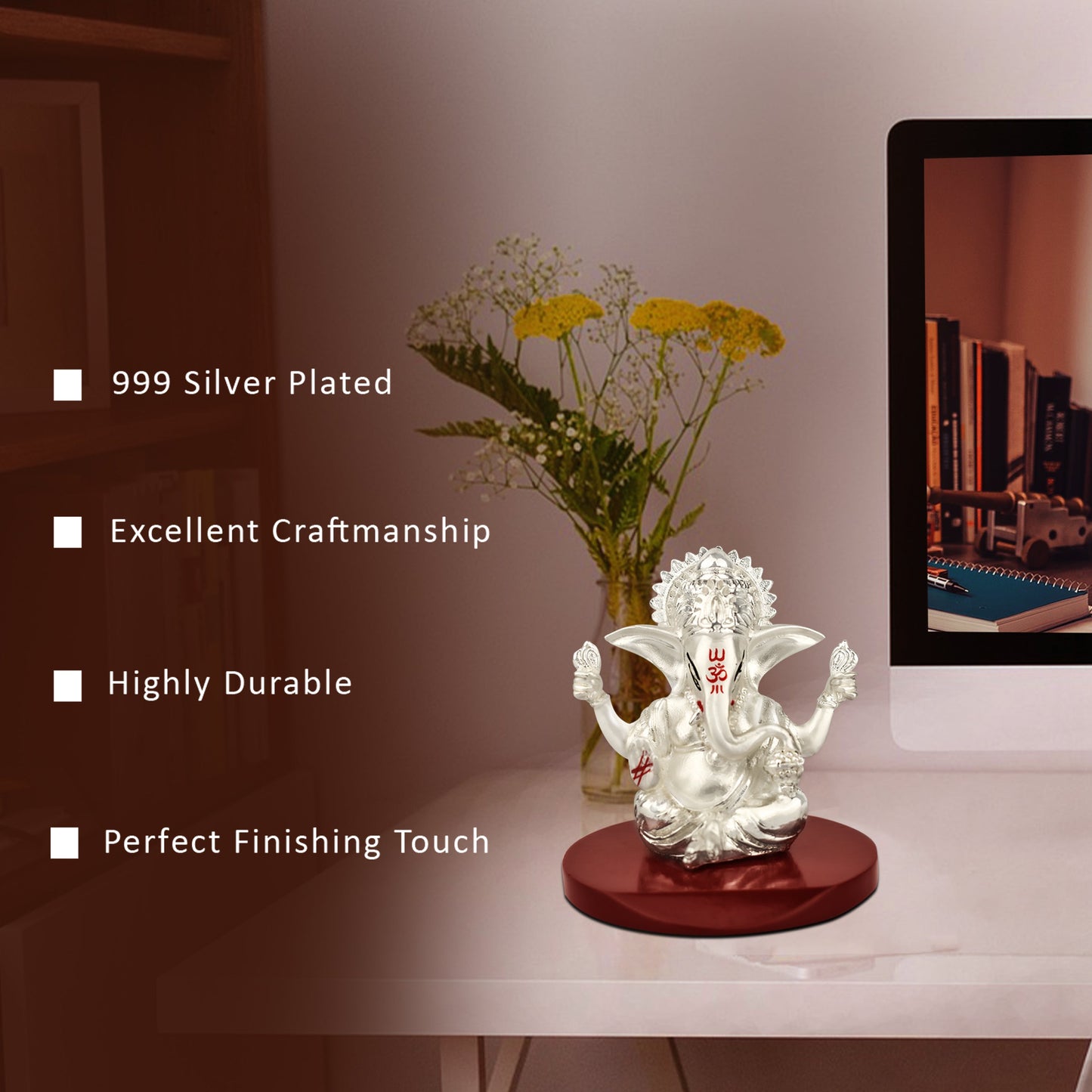 DIVINITI 999 Silver Plated Four Hands Lord Ganesha Idol For Car Dashboard, Home Decor, Table (6 X 6 CM)