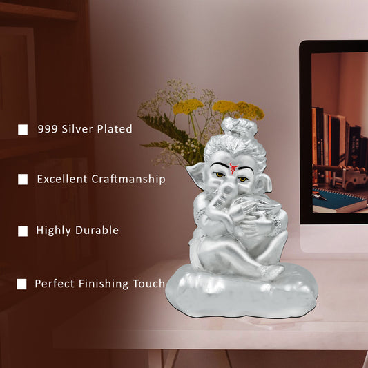 Diviniti 999 Silver Plated Bal Ganesha Idol for Home Decor Showpiece (8 X 6 CM)