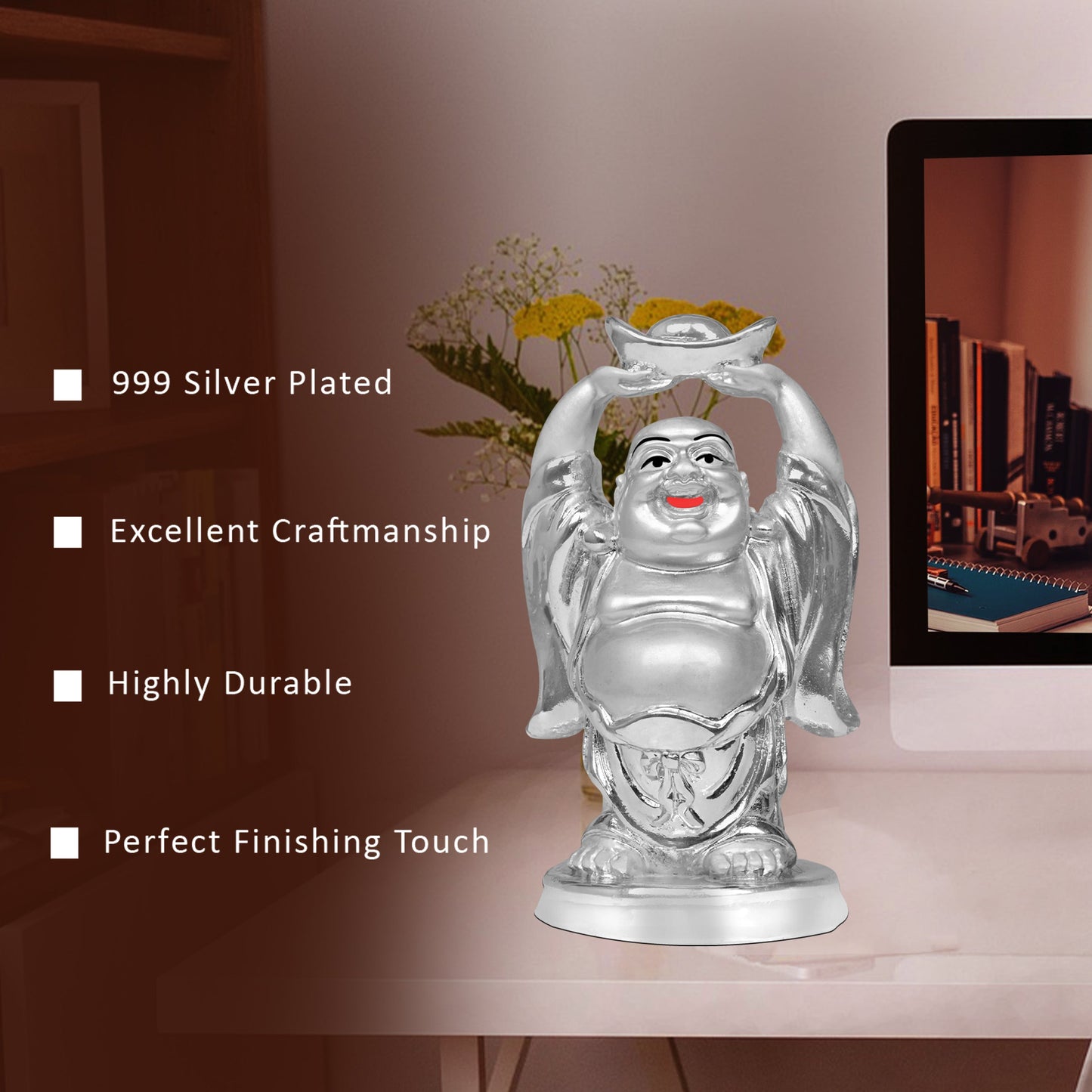 Diviniti 999 Silver Plated Laughing Buddha Statue for Home Decor (12X7CM)