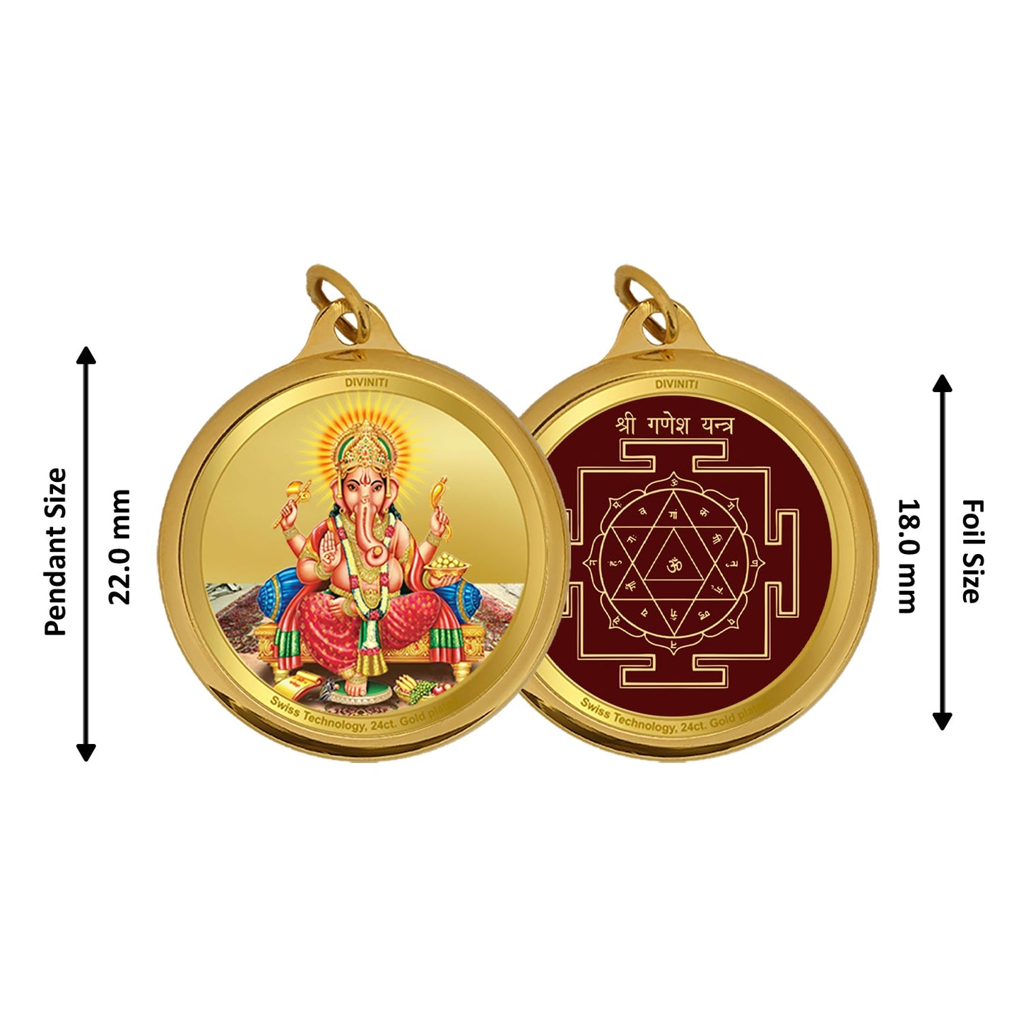 Diviniti 24K Double sided Gold Plated Pendant Ganesha  & Yantra|18 MM Flip Coin (1 PCS)