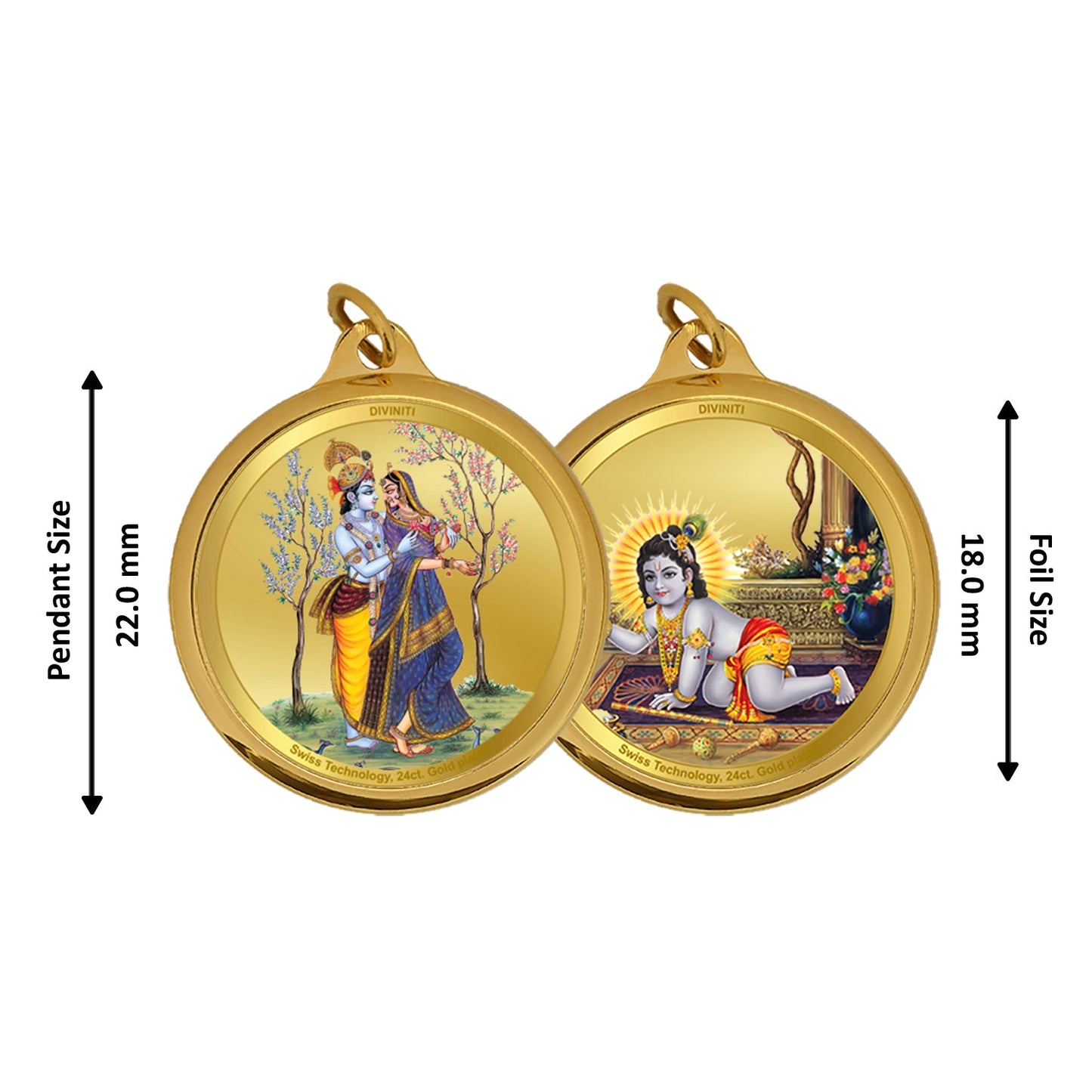 Diviniti 24K Double sided Gold Plated Pendant  RADHA KRISHNA & LADDU GOPAL|18 MM Flip Coin (1 PCS)