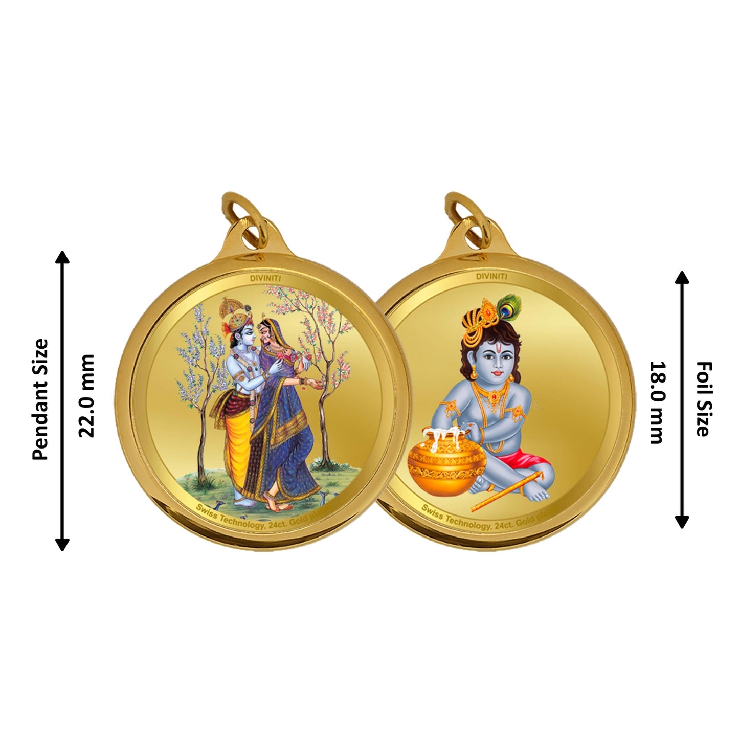 Diviniti 24K Double sided Gold Plated Pendant  RADHA KRISHNA & BALGOPAL|18 MM Flip Coin (1 PCS)