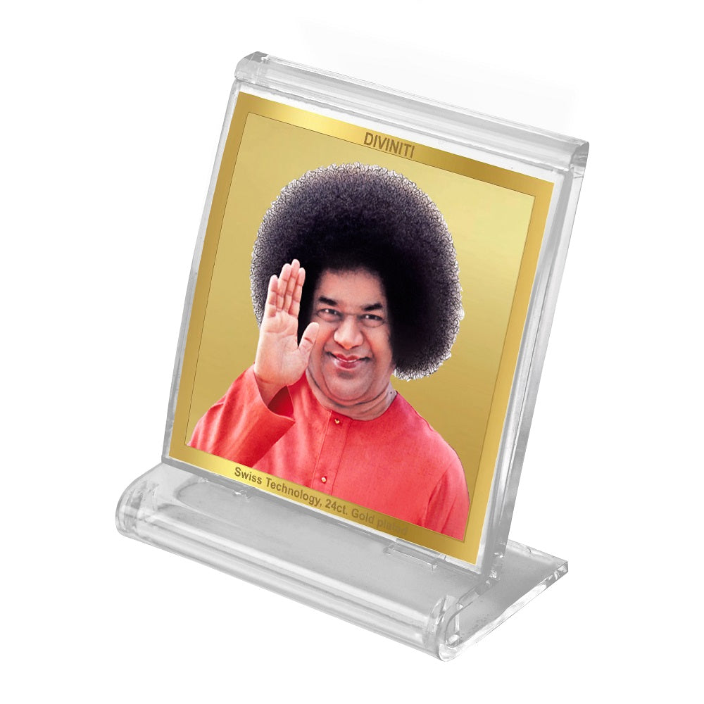 Diviniti 24K Gold Plated Sathya Sai Baba Frame For Car Dashboard, Home Decor, Table Tops (5.8 x 4.8 CM)