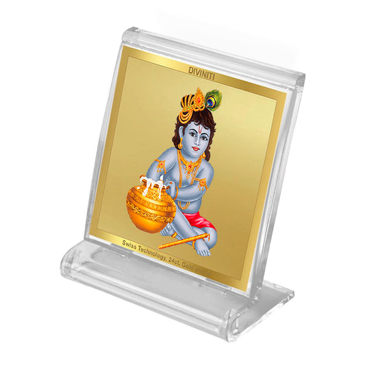 Diviniti 24K Gold Plated Bal Gopal Frame For Car Dashboard, Home Decor, Puja, Festival Gift (5.8 x 4.8 CM)