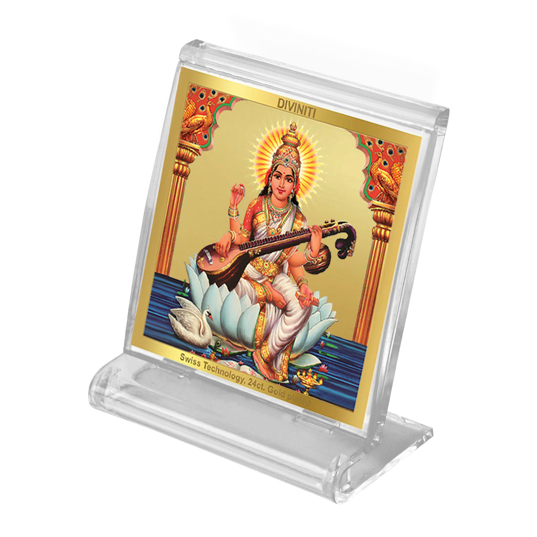 Diviniti 24K Gold Plated Saraswati Mata Frame For Car Dashboard, Home Decor, Gift, Puja (5.8 x 4.8 CM)