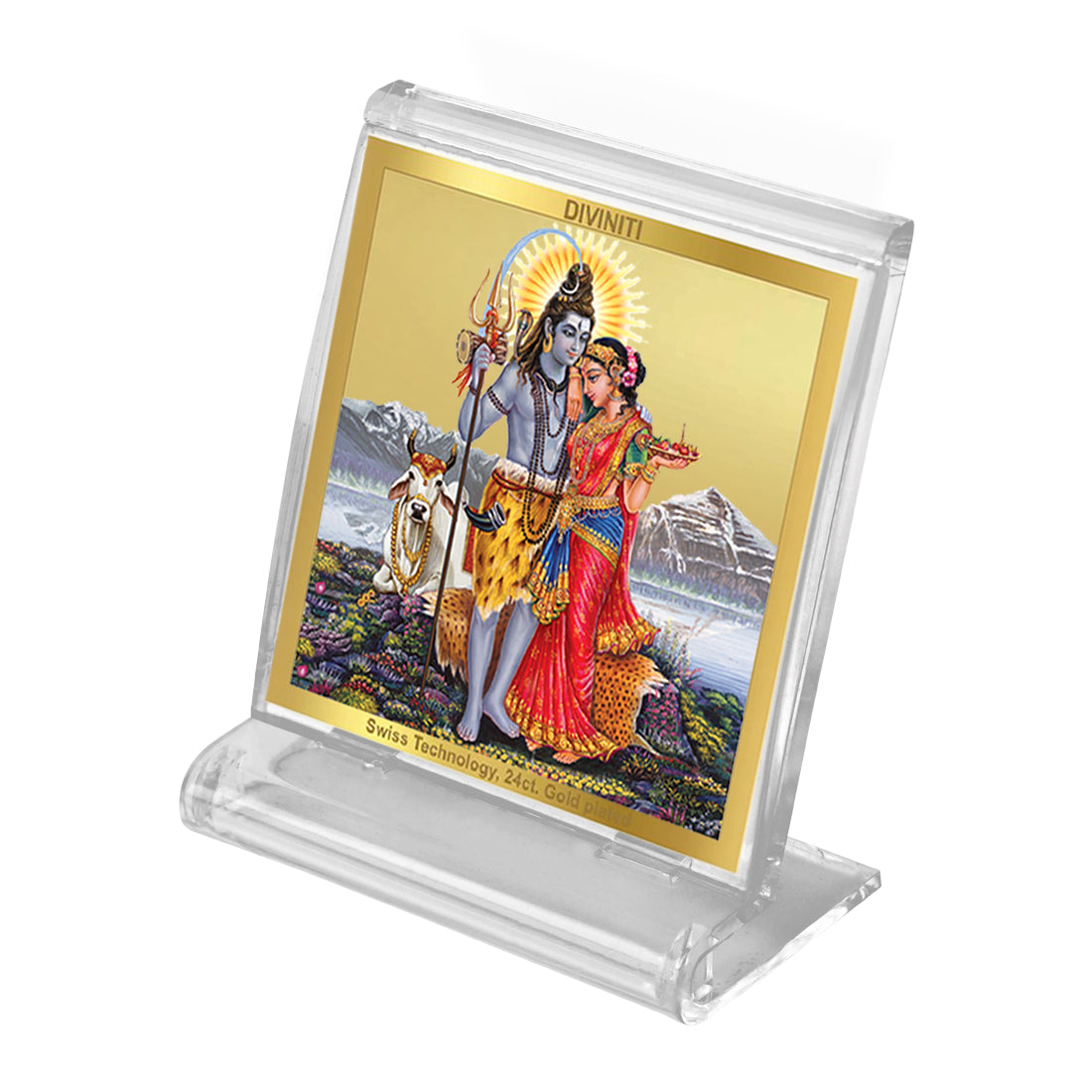 Diviniti 24K Gold Plated Shiv Parvati Frame For Car Dashboard, Home Decor, Puja, Gift (5.8 x 4.8 CM)