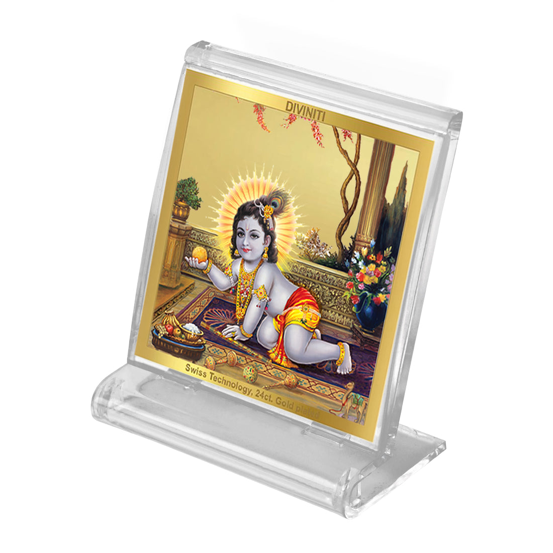 Diviniti 24K Gold Plated Laddu Gopal Frame For Car Dashboard, Home Decor, Housewarming Gift (5.8 x 4.8 CM)