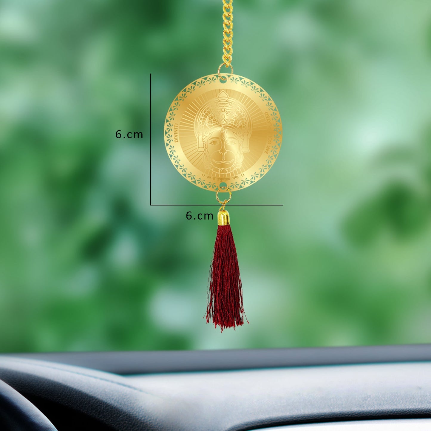 Diviniti 24K Gold Plated Double Sided Hanuman Ji & Yantra Car Dangler| 6CM Hanuman Hanging Car Decor| Luxurious 24K Gold Plated Dangler For Car| Divine Car Accessories For Positive Energy & Protection